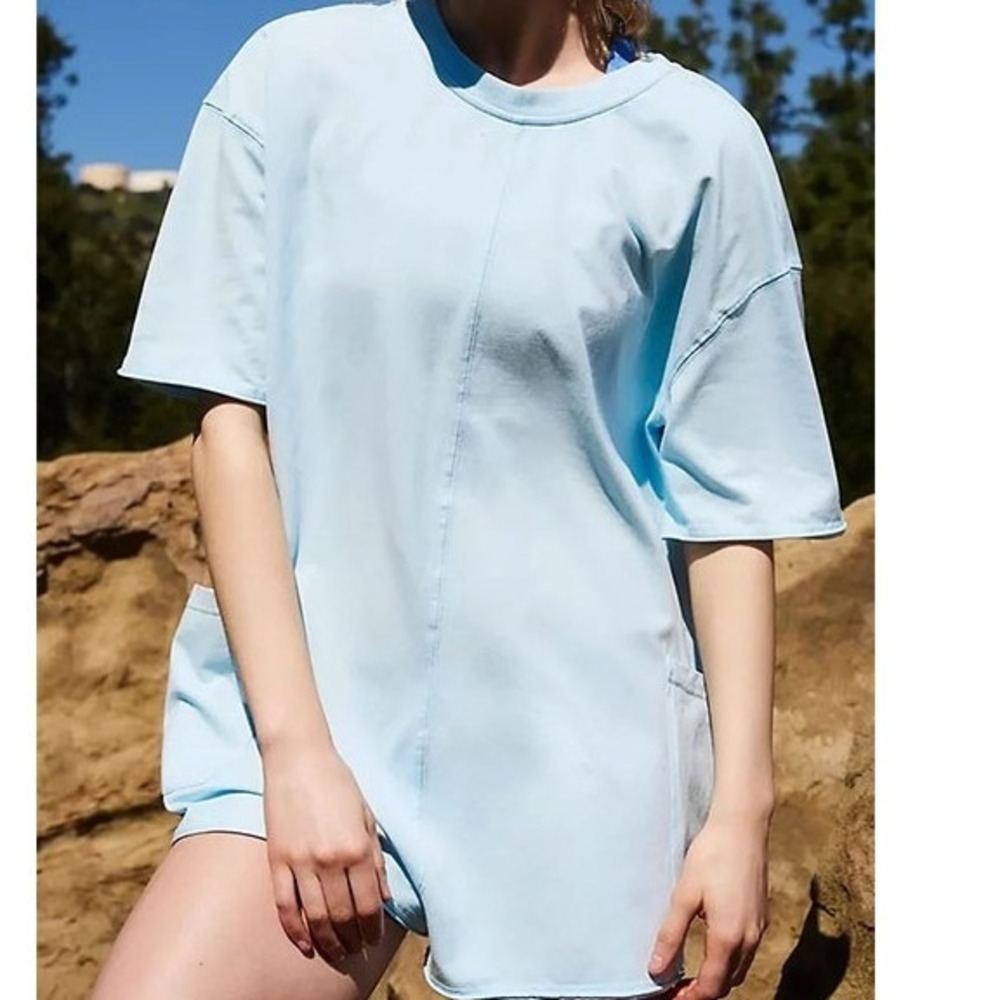 Free People Oversized V-Neck Pocket Romper Blue Relaxed Top M Lagenlook Shot Tee